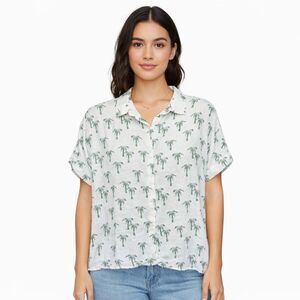 C&C California Shirt Womens Medium White Palm Tree Print Linen Button Front Top